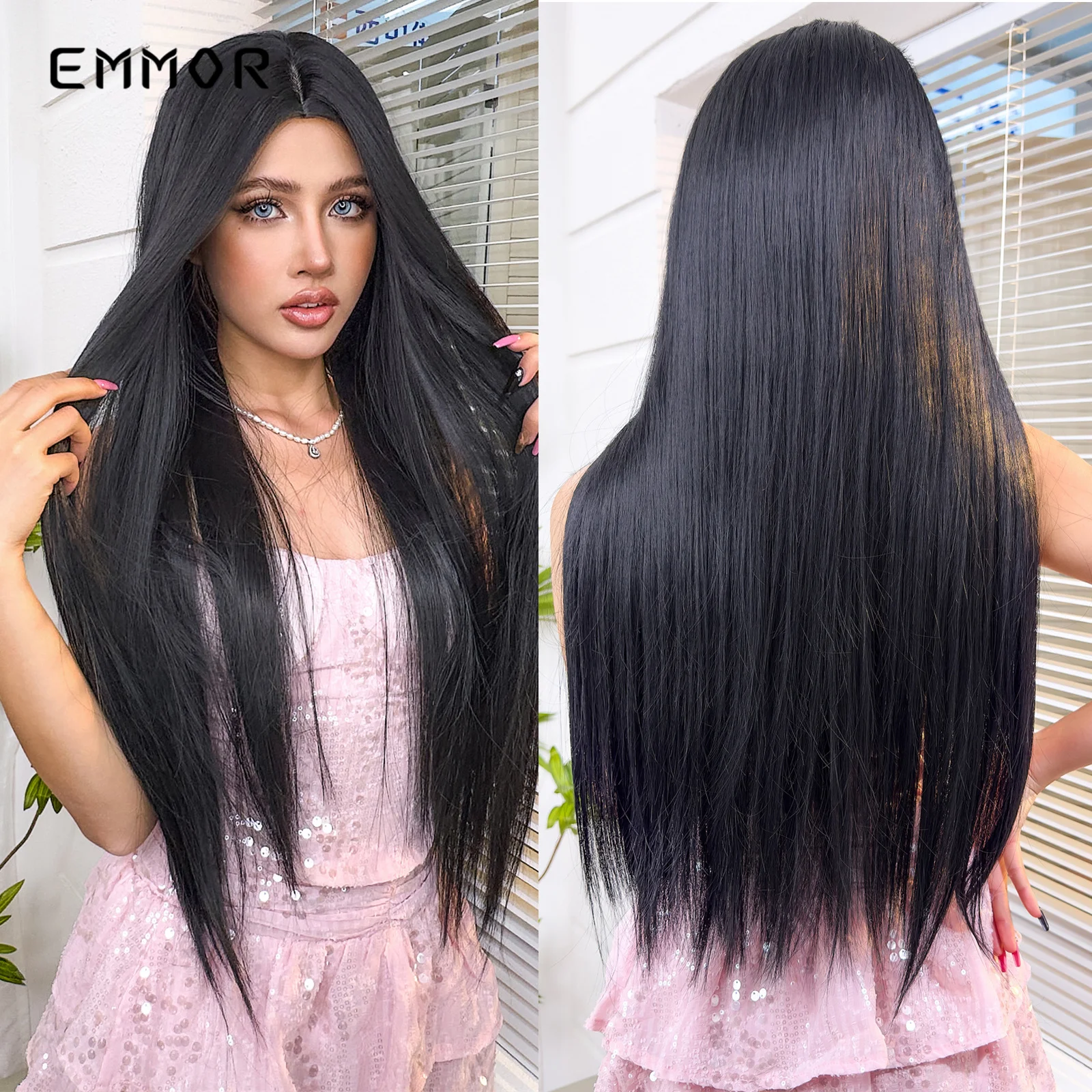 Long Emmor Synthetic Black Straight Wigs Overlength Natural Middle Part Wig Cosplay Party Heat Resistant Fiber Hair for Women