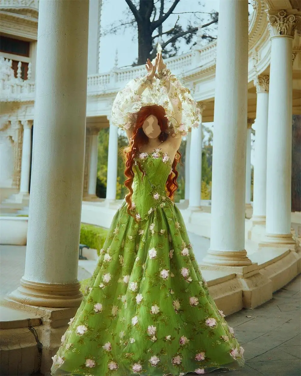green emerald velvet dress Sage Green Off the Shoulder Tulle Ball Gown Beaded Floral Prom Dress main image 1