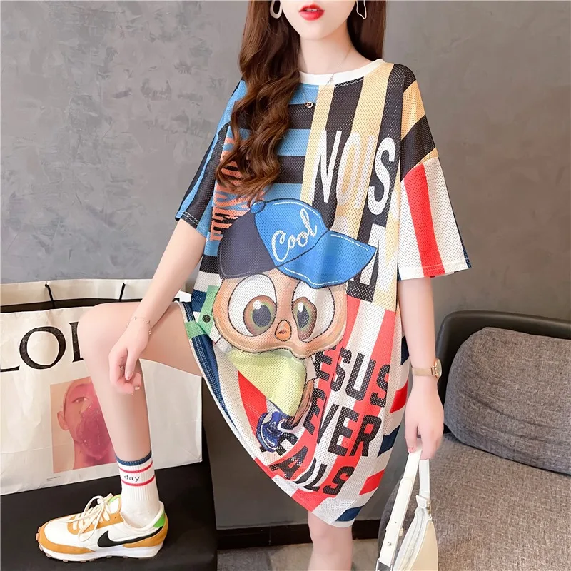 

Summer Quick-dry Mesh T-Shirt Dress Women Short Sleeves Printed Ladies Dresses Loose Harajuku Casual Mini Dresses