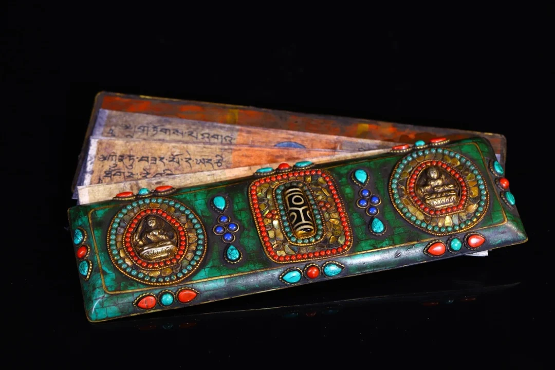 

9"Tibetan Temple Collection Tibetan silver mosaic Gem turquoise Old scriptures chanting Buddhist scriptures Town house Exorcism