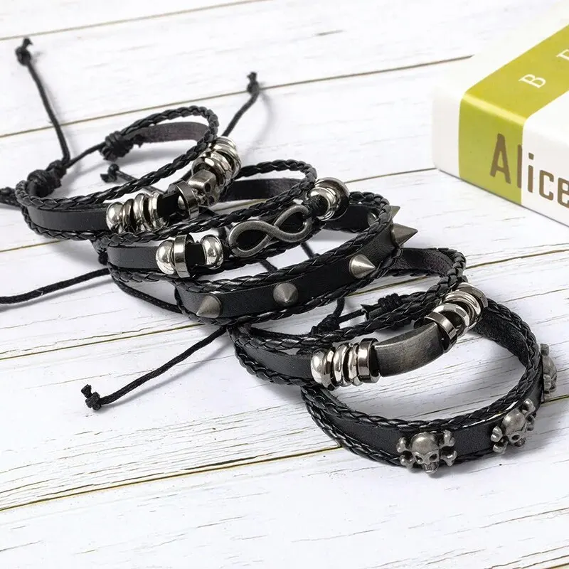 5pcs Metal Diy Braided Punk Style Bracelet Set, Featuring Pu Leather And Beads - Image 6