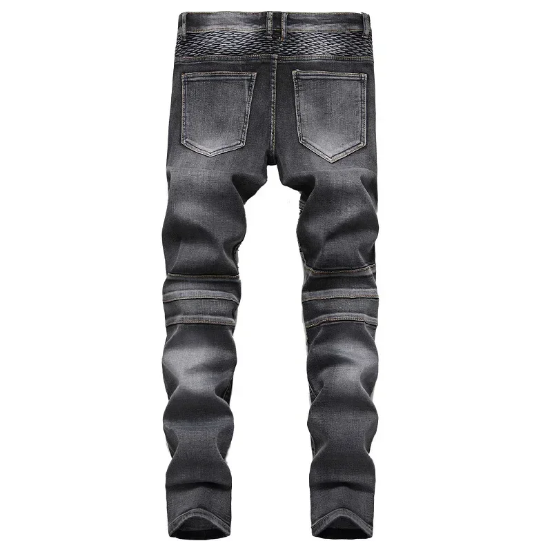 Men's New Casual Motorcycle Jeans Hip Hop Street Riding Stretch Slim Fit Straight Pants Patchwork Fashion Denim Trousers Male 2