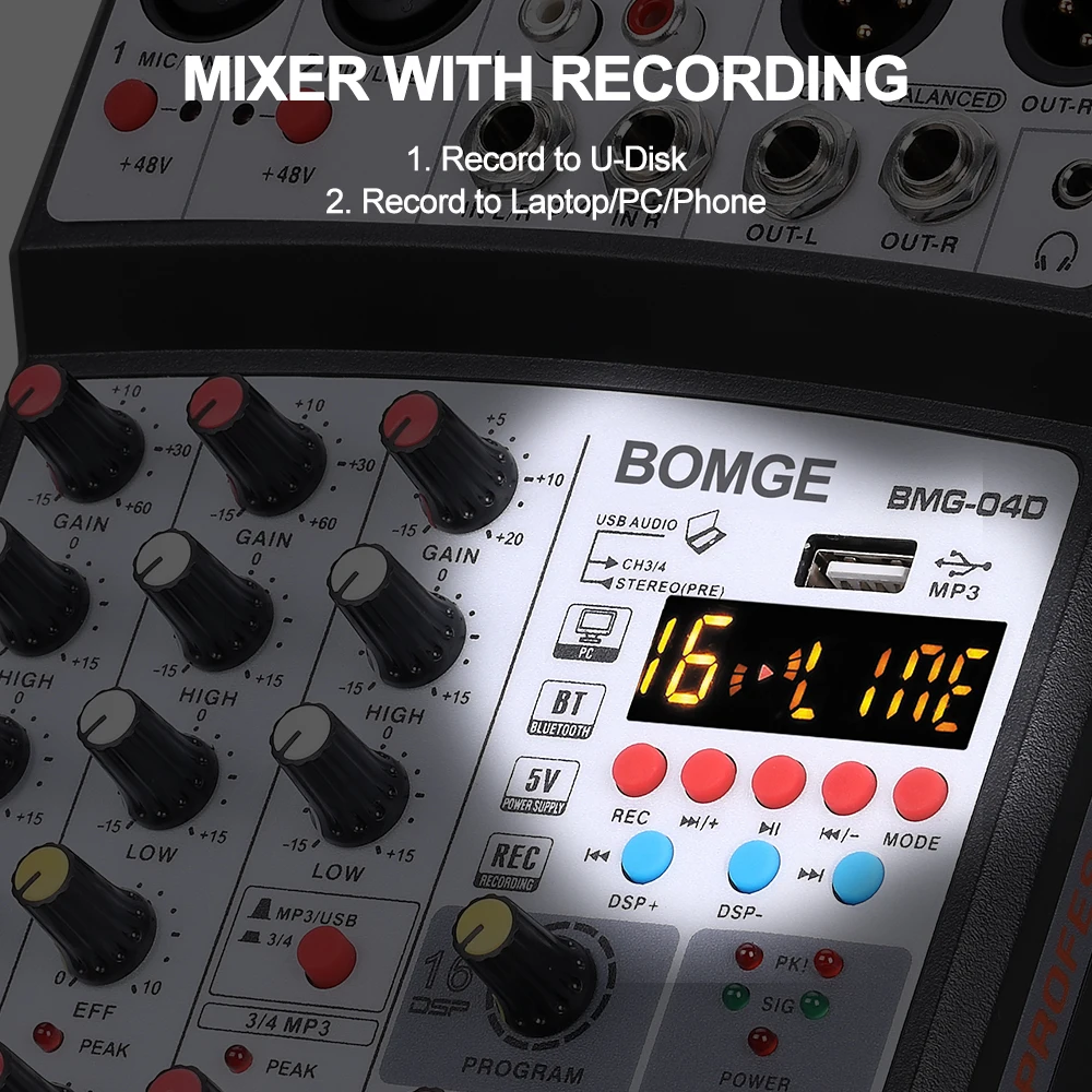 Audio Mixer 4 Channels Audio Sound Mixer Mixing DJ Console USB 48V Phantom Power 16 DSP Effects