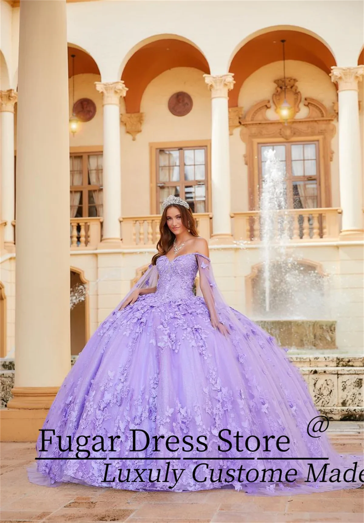Pink Sparkling Chiffon Quinceanera Dress Luxuly Elegant Embroidery Lace Detachable Butterfly Cape Gown vestidos de15 quincea&ntilde;era