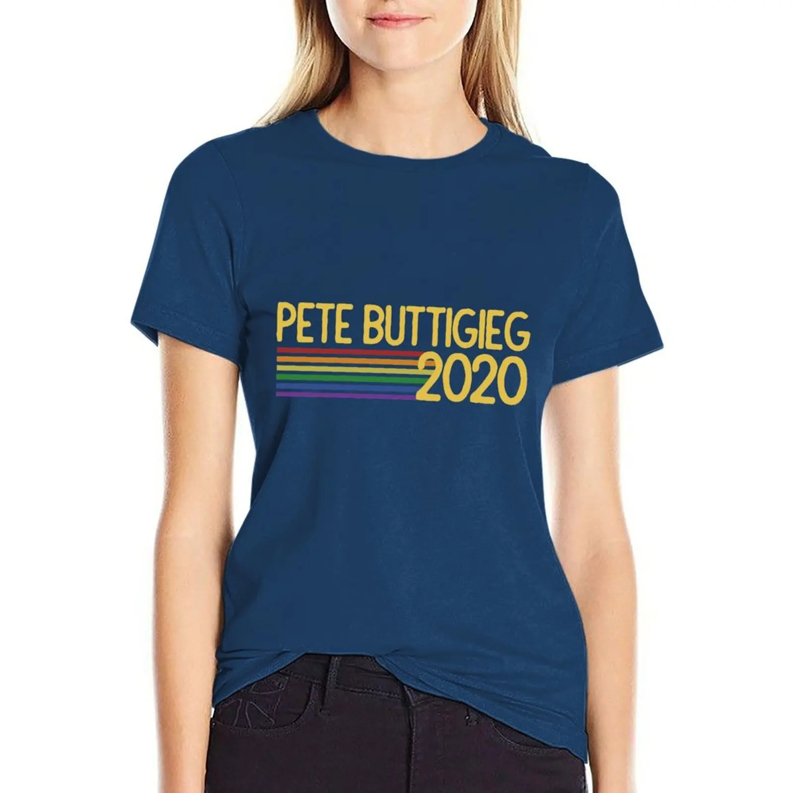 

Buttigieg 2020 retro rainbow T-shirt Short sleeve tee aesthetic clothes workout shirts for Women