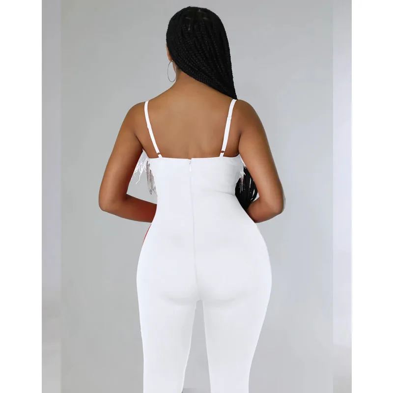White Sexy Bodycon Jumpsuit for Women Sleeveless Stretch Tassel Feather One  Piece Overalls Night Party Club Birthday Outfits