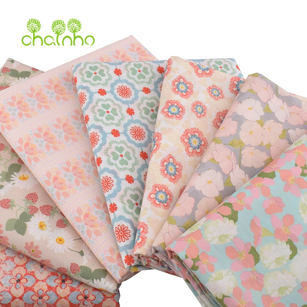 Chainho,Printed Plain Weave Poplin Cotton Fabric,DIY Quilting Sewing Material,Patchwork Cloth,Floral Series,2 Sizes,15PC219