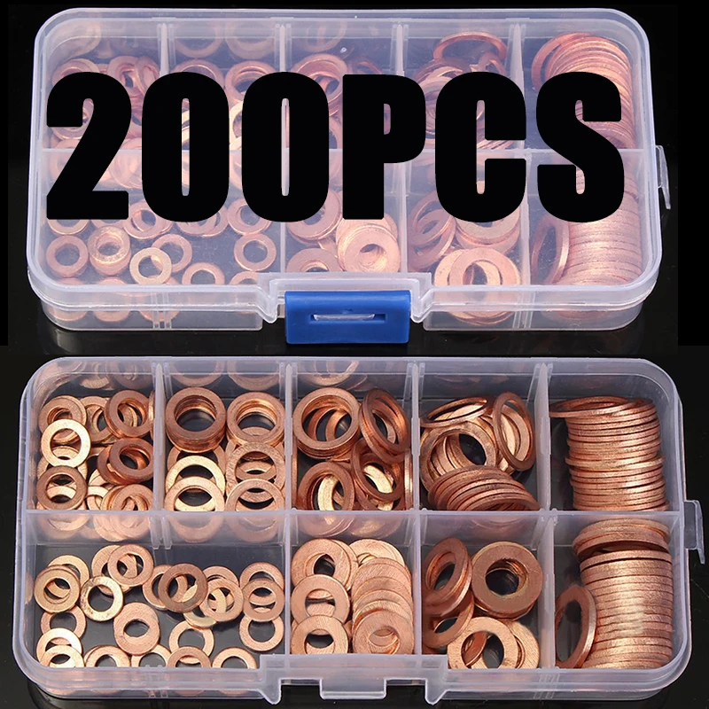 200Pcs 9 Sizes Engine Oil Copper O-Ring Seal Washer Assortment 
