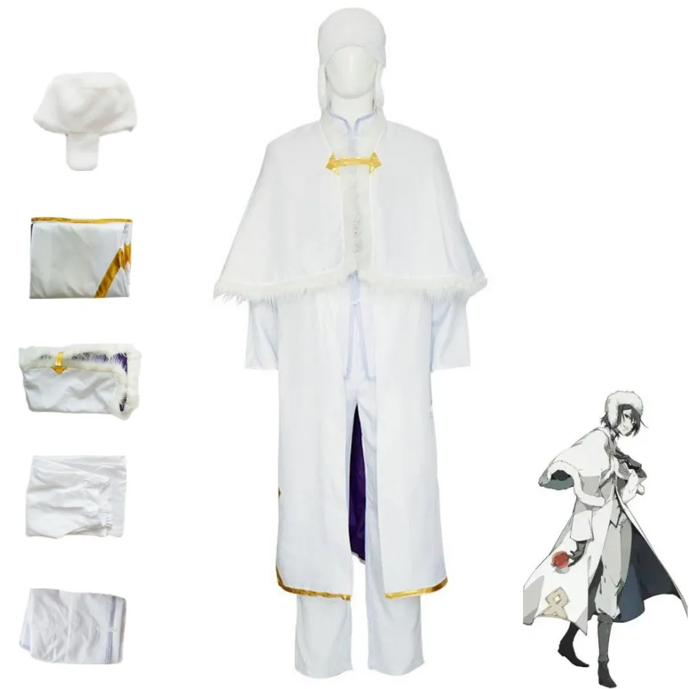 

Anime Bungo Stray Dogs Season 4 Hunting Fyodor Dostoevsky Cosplay Costume White Fur Collar Shawl Uniform Man Woman Party Suit