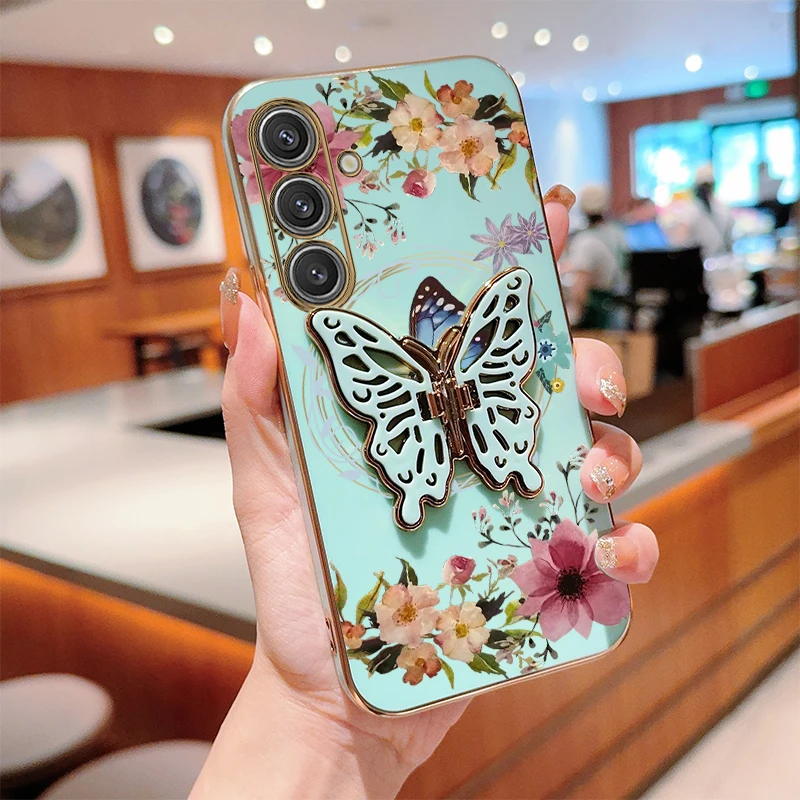 Elegant Flower Butterfly Plating Phone Case with Holder