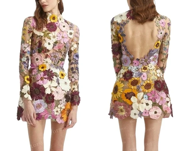 thumbnail image 1 of Vestido mini floral con estampado de flores 3D y bordado para mujer, vestido de noche de manga larga, ropa elegante para mujer, vestido de fiesta de manga larga, 1 of 5