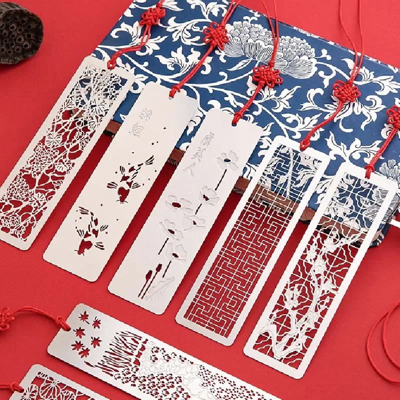 Metal Bookmark Chinese Style Creative Metal Hollow Out Book Mark with Red Knot for Kids Students School Supplies