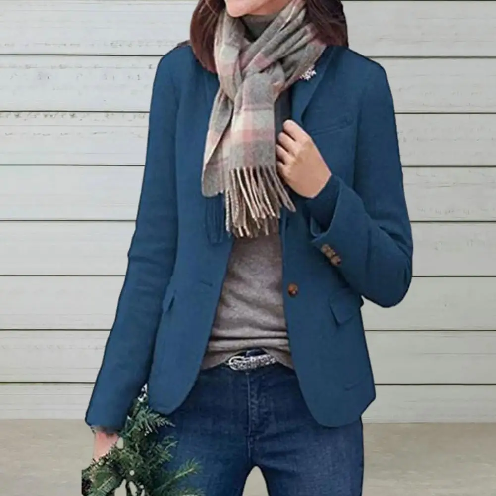

Long-sleeve Coat Thick Lapel Long Sleeve Women's Winter Coat Formal Business Style with Pockets Single-breasted Lady Cardigan