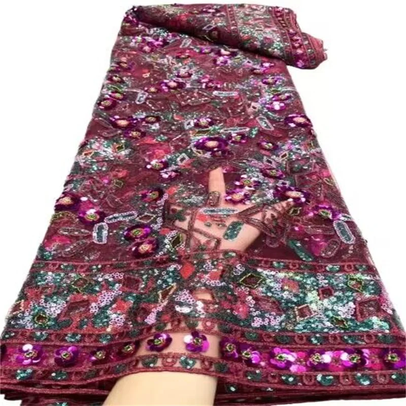 

Nigerian French Sequins Lace Fabric Hot Sale Handmade purple Embroidered African Beaded Net Mesh Lace Fabric For Women Sewing