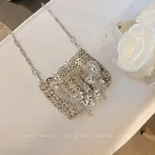  Women Bags Designer Silver Metal Sequins Diamond Woven Bag Hollow Evening Bags Tassel Clutch Travel Holiday Shoulder Bag Handbag 