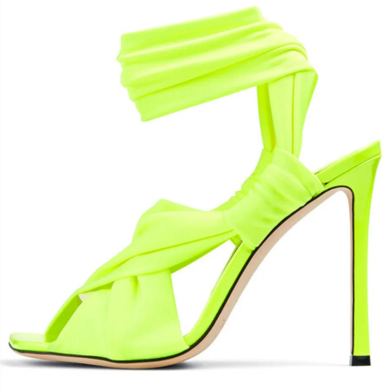 European and American Summer Silk Ribbon Wrapped Open Toe Ultra High Heel Black Green Large Size 35-46 Banquet Women Sandals