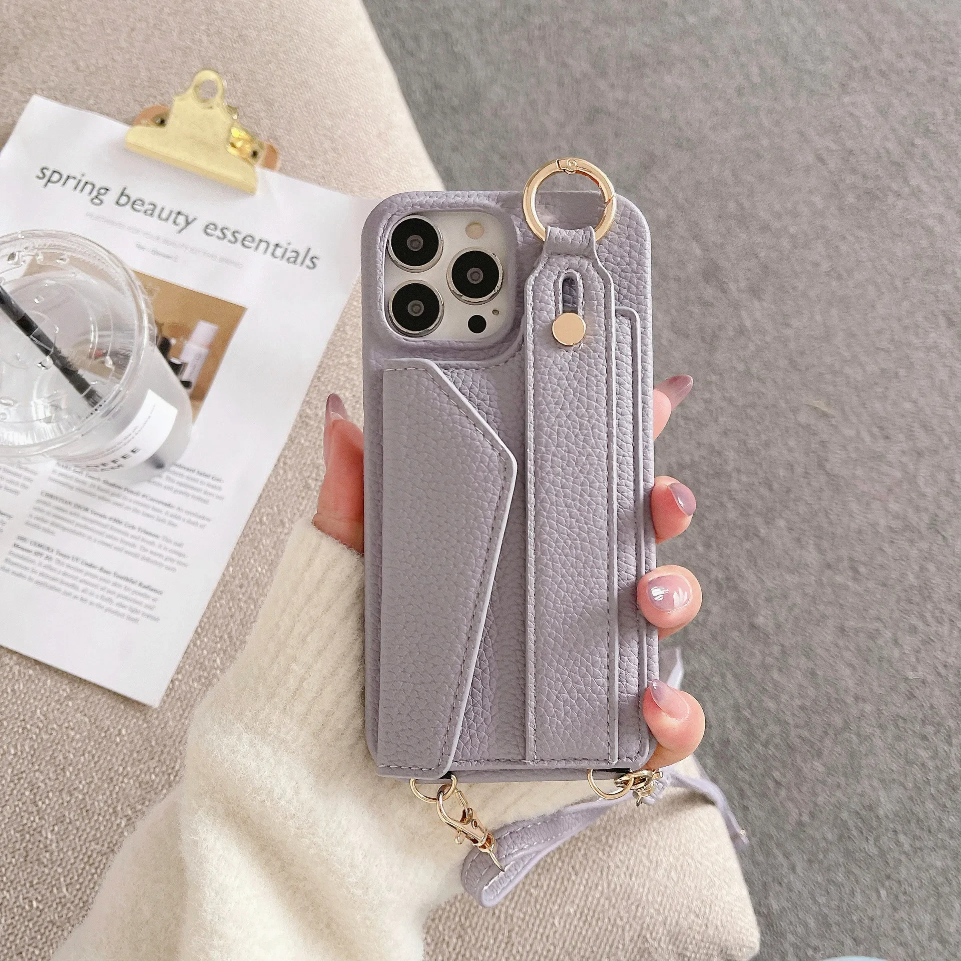 Luxurious Leather Crossbody Wristlet Phone Case with Card Slot and Lanyard