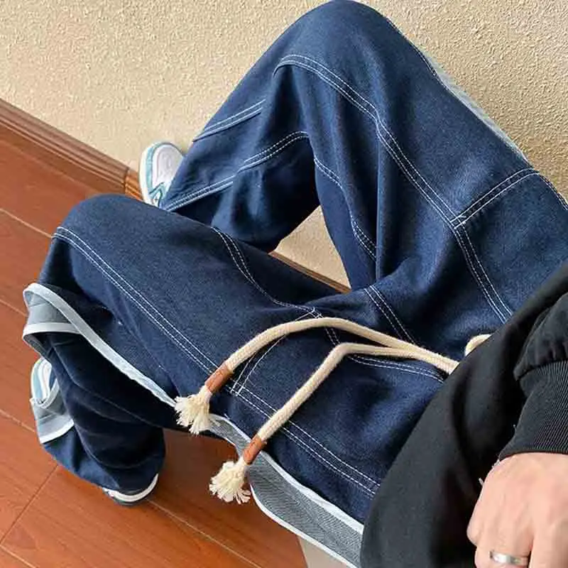American Street Trend Handsome Wide Leg Jeans Men Solid Elastic Waist Drawstring Pocket Patchwork Loose Versatile Straight Pants