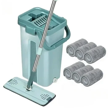 Mocio piatto da spremere con secchio, facile da pulire, pulizia multiuso dei pavimenti, cuscinetti in microfibra, bagnato o asciutto, per pavimenti in legno duro e laminato 1