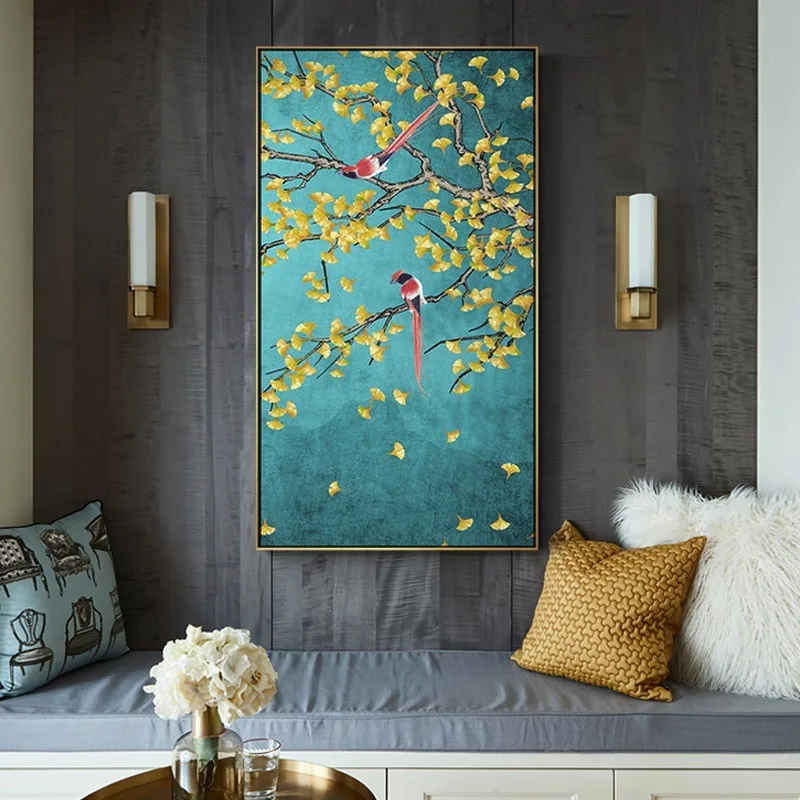 

Pure Painting Oil New Chinese Magpie Ginkgo Leaf Entrance Hallway Hanging Vertical Living Room Decorative