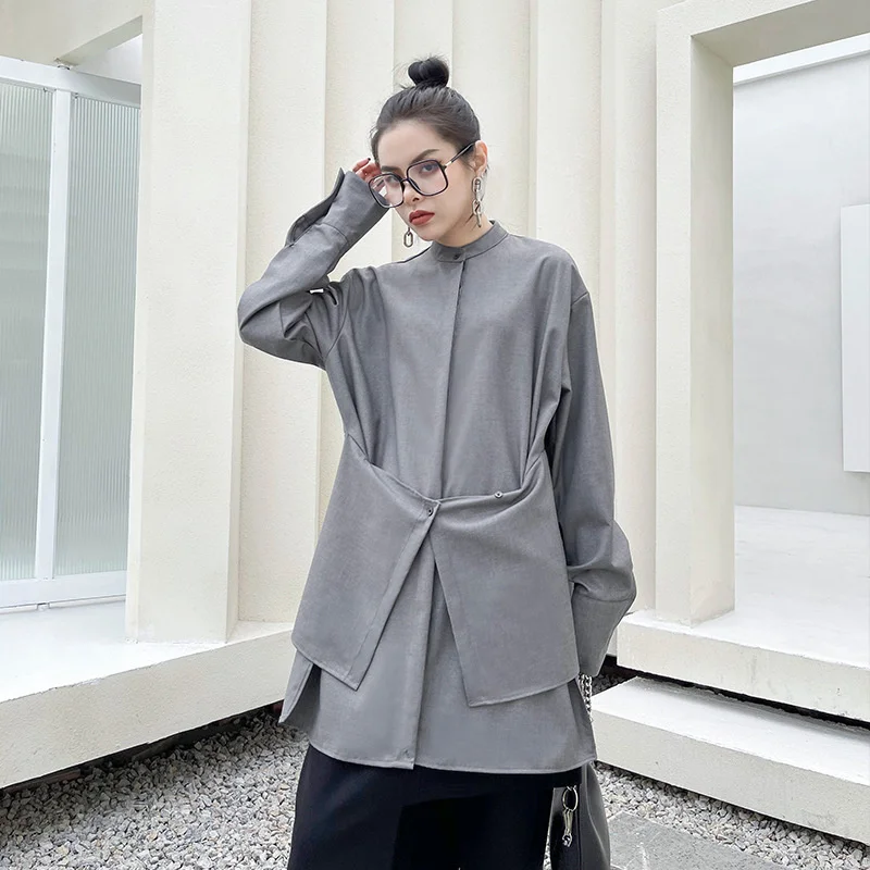 

Dark Japanese Light Mature Stand-up Collar Female Spring Autumn Loose Cross Tied Buckle Irregular Shirt Y2K