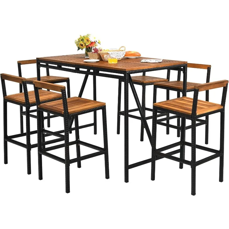 

Набор барного столика с зонтиком, высокий столовый набор из 7 предметов из дерева акации с 6 барными стульями, плетеный уличный барный набор из ПЭ