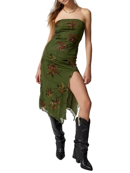 Women Floral Mesh Dress Summer Backless Strapless Split Party Dress for Cocktail Beach Streetwear Aesthetic Clothes 5