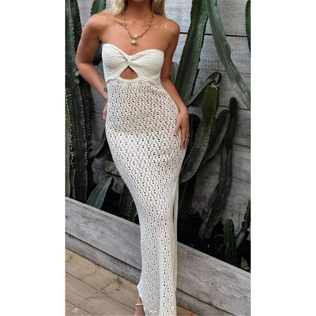 2024 Sexy Bandeau Hollow Out Crochet Knitted Tunic Beach Cover Up Cover-ups Beach Dress Beach Wear Beachwear Female Women V5321