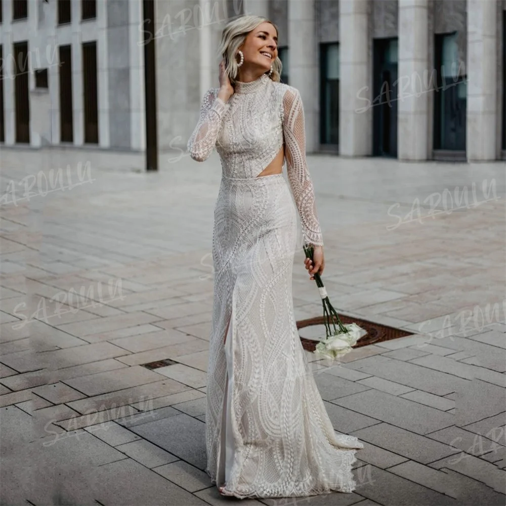 Sexy Slit Lace Boho Wedding Dress Open Back Long Sleeves A-line Bohemian Bridal Wedding Gown Court Train Custom Made Bride Dress