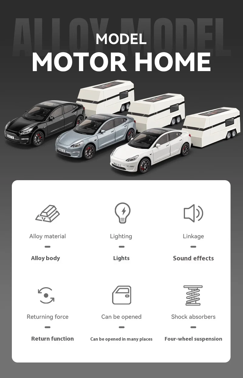 1:24 Scale Tesla Model 3 Trailer Rv Model Children'S Toy Car With Sound And Light