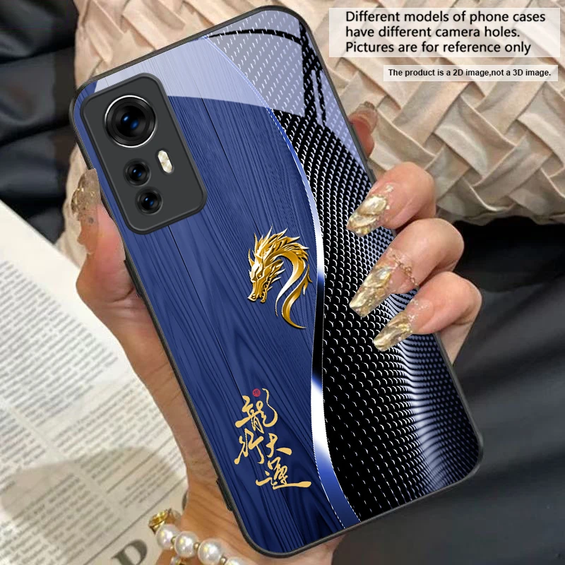 Elegant Black Tempered Glass Phone Case with Traditional Dragon Totem Design