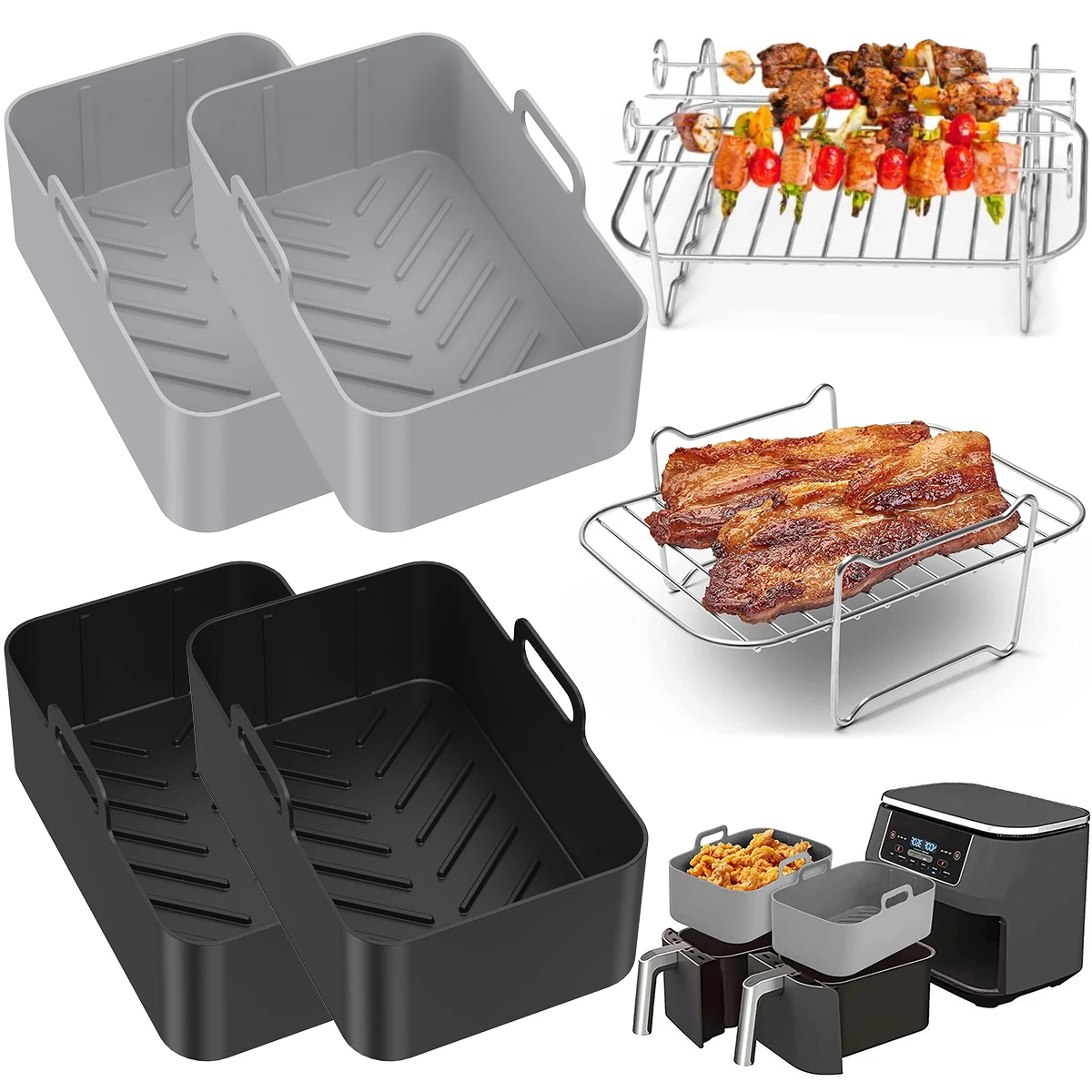 

8Pcs Air Fryer Accessories Set with 2 Air Fryer Silicone Pot and 1 Double Layer Rack with 4 Skewer 1 Steamed Rack Reusable Air