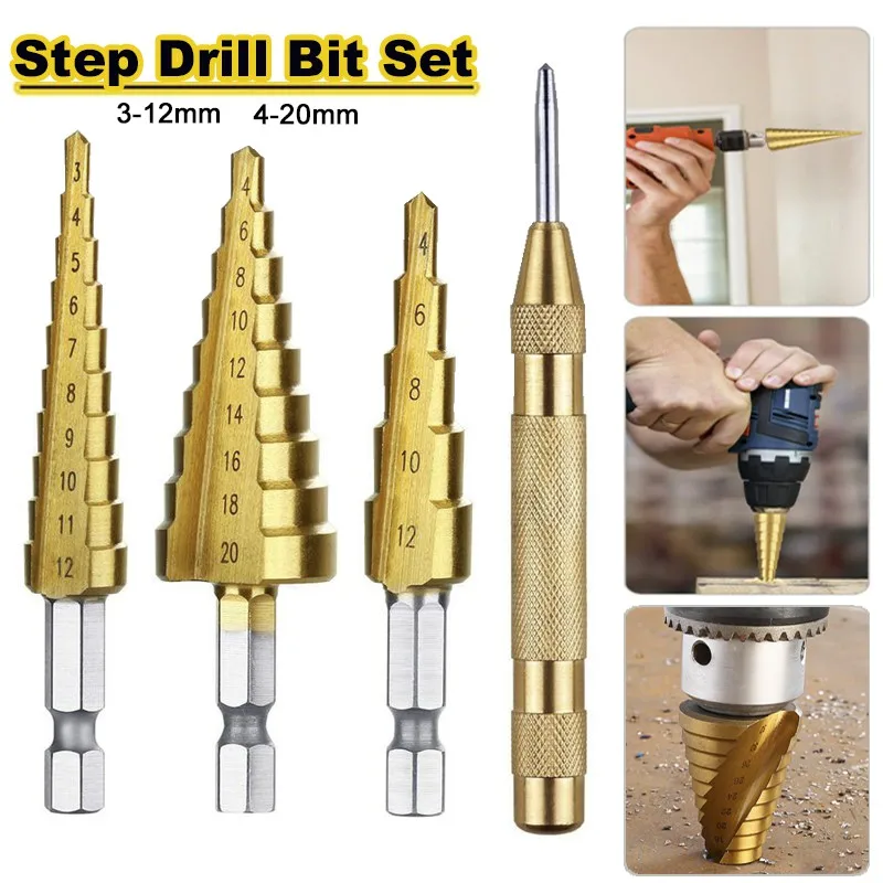 Set 3 punte coniche frese a gradini esagonale 3-12m/4-12mm/4-20mm Step Drill Bit
