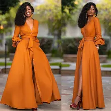 

2022 Spring Fall New Sexy Deep V-neck Long-sleeve Waist Long Dress Women High Waist Solid Single Breasted Cardigan Party Dresses