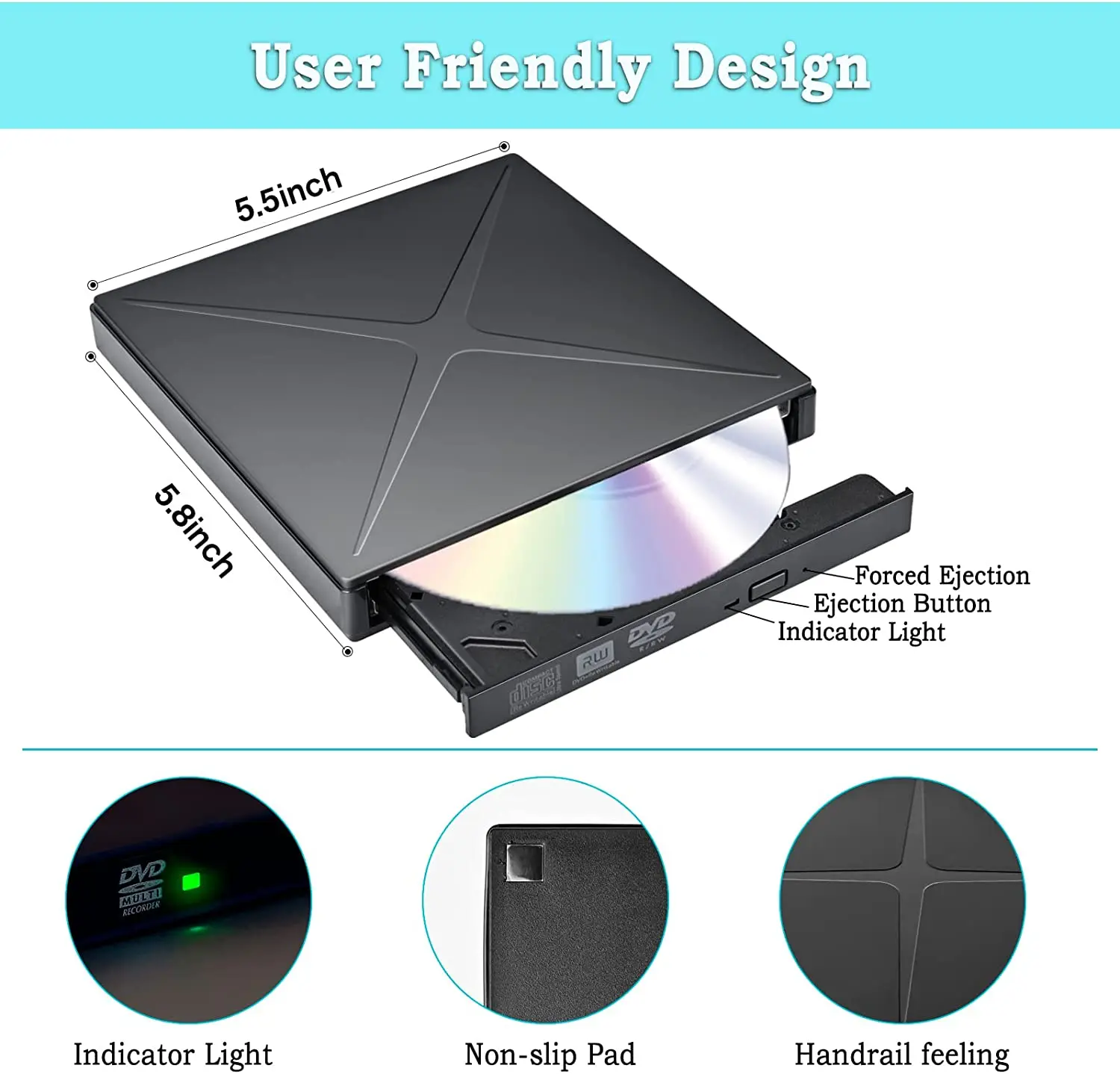 외장 광학 드라이브 USB 3.0 휴대용 CD DVD +/ RW 드라이브, 노트북용 DVD 플레이어, USB 포트가 있는 CD ROM 버너 TF/SD 카드 슬롯