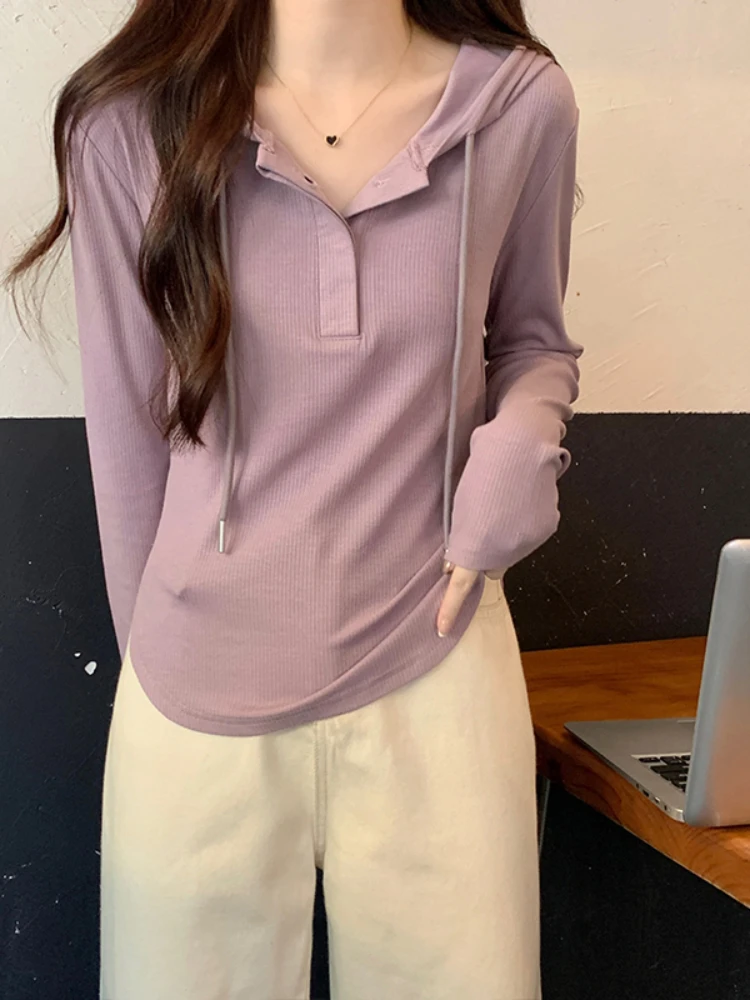 Spring Autumn Long Sleeved Irregular Hooded T-shirt for Women Drawstring Hoodies Female Casual Tops and Tees Beige Black Purple