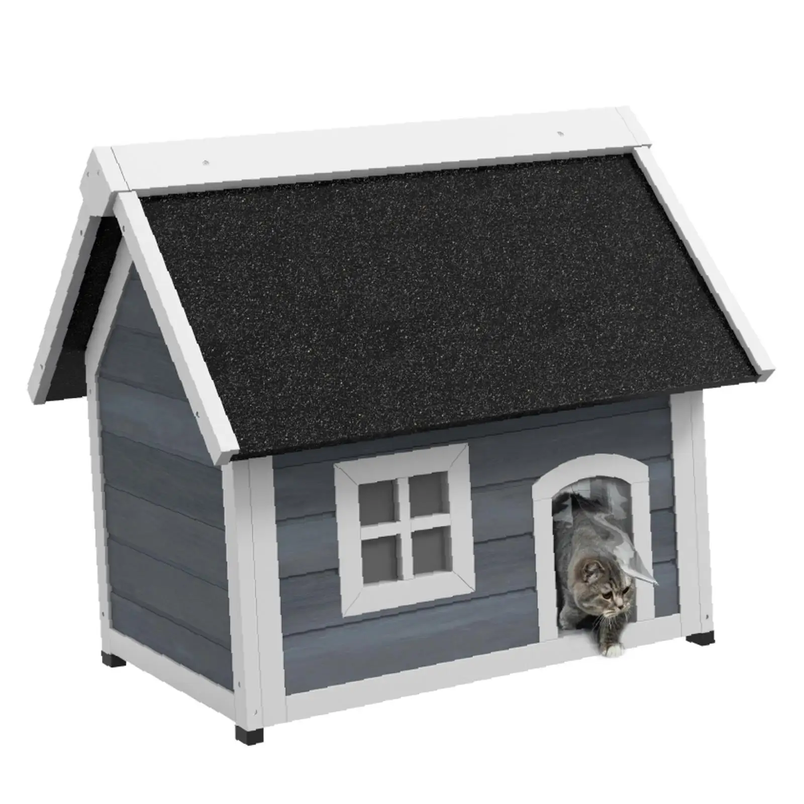 Grey Pet Beds Furniture Outdoor Wooden Cat House with Elevated Feet Openable Roof and Three Doors for Outside Cat Shelter