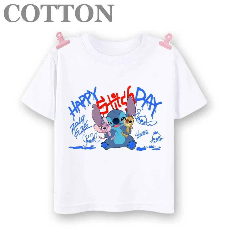 thumbnail image 1 of 2024 Disney Anime Stitch Moda Verano Niños Múltiples Dibujos Animados Algodón Camisetas Cuello Redondo Casual Manga Corta Estampado Patrón, 1 of 5