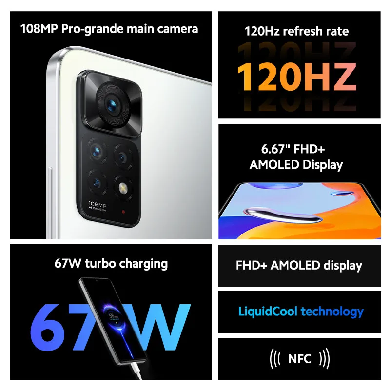 NFC Smartphone Global Rom Xiaomi Redmi Note 11 Pro 8GB 128GB MTK Helio G96 Octa Core 108MP Camera 67W Charging 120Hz Display