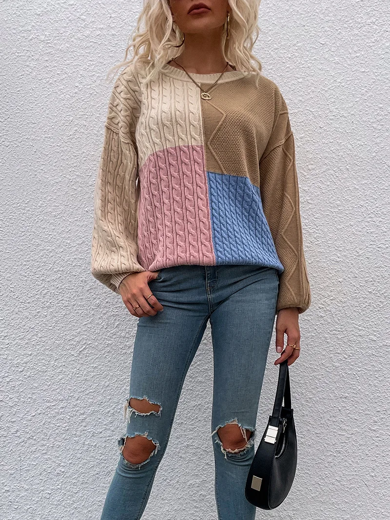 

2022 Sweater Women's Autumn and Winter New Square Stitching Lantern Sleeve Twist Color Contrast Knitted Sweater