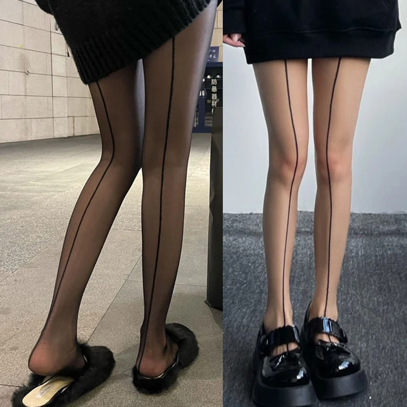 

Women Sexy Retro See Through Pantyhose with Front Back Seam Vertical Stripe Shrimp Line Sheer Tights Silky Stockings