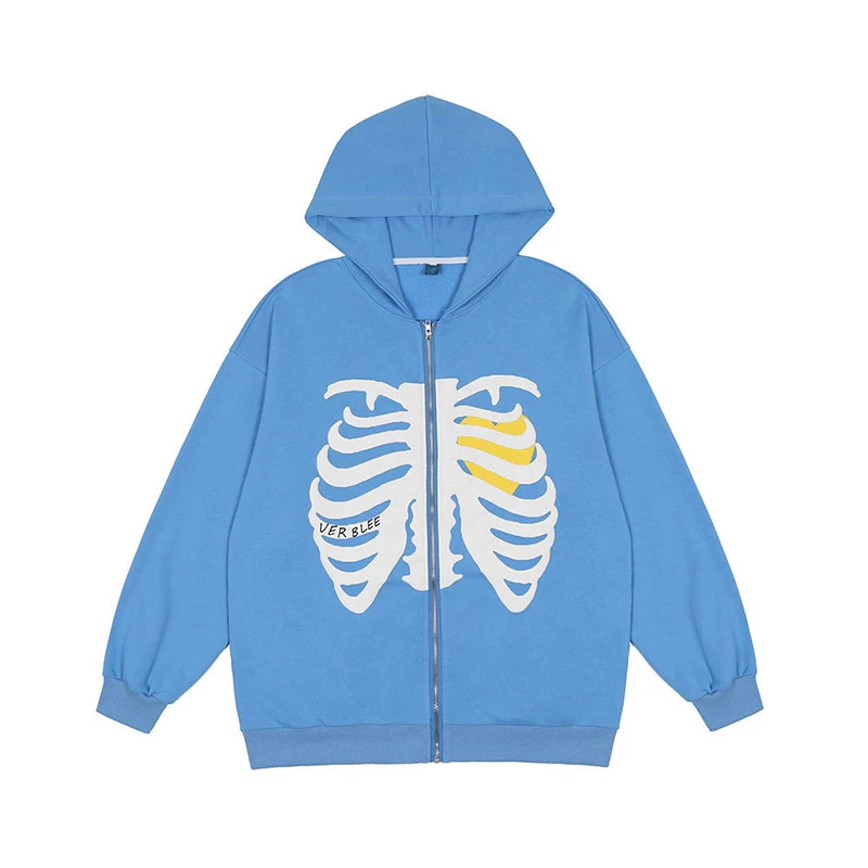 Y2K Skull Print Hoodie Women Fashion Retro Zipper Loose Long-sleeved Hooded Jacket Solid Anime Goth Grunge Streetwear Sweatshirt light blue hoodie