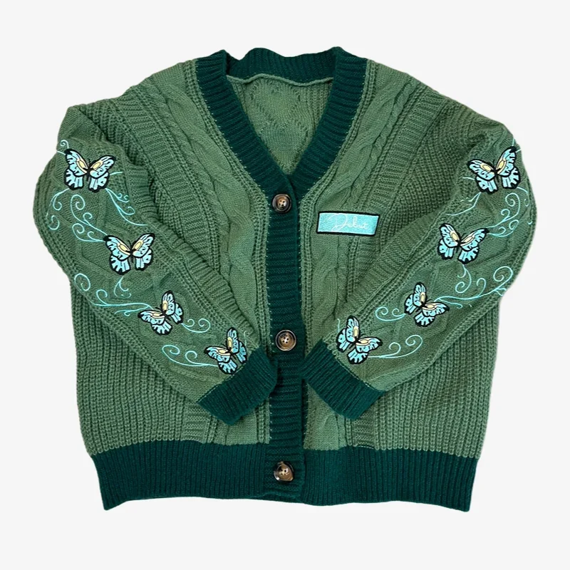 Dark Green Cardigan with Butterfly Embroidered Female Autumn Winter Letter Patch Knitted Cardigan Women 2024 New Sweaters Tops 5