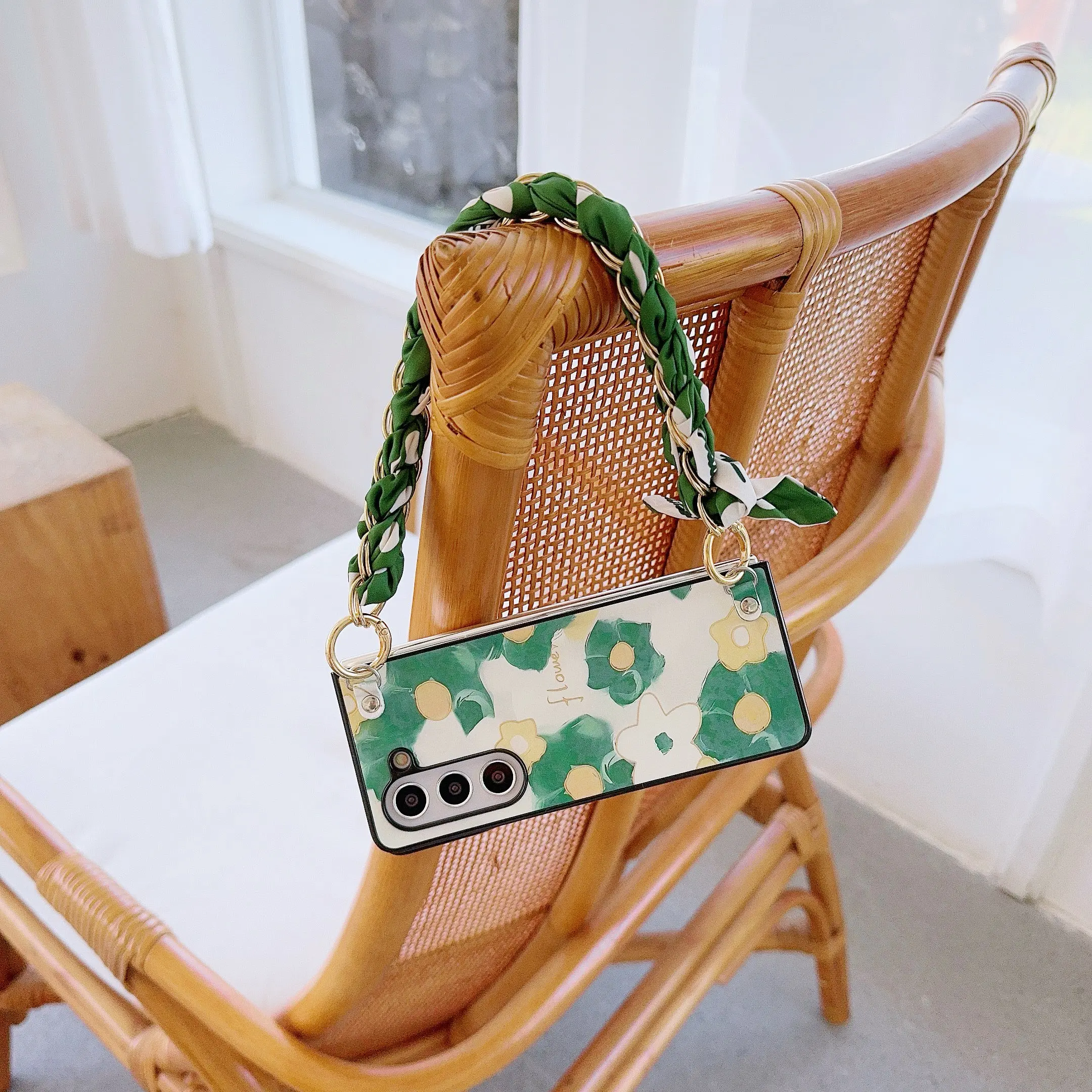 Floral PU Leather Phone Case with Hinge Protection & Scarf Wrist Chain Bracelet