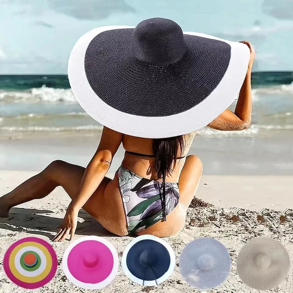 

Women's Oversized Straw Hat 70CM Big Brim Beach Cap Foldable Sunhat New Designer Summer Wide Large Sunshade Female UV Protection