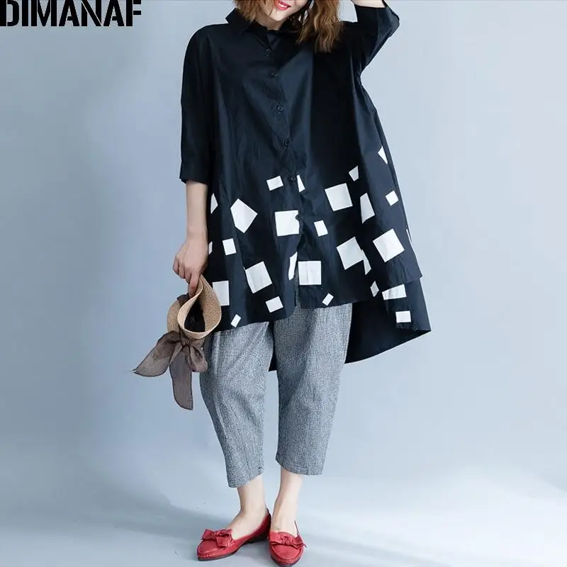 

DIMANAF Plus Size Women Shirts Summer Cotton Print Plaid Casual Loose Lady Tops Shirt Blouses Buttons