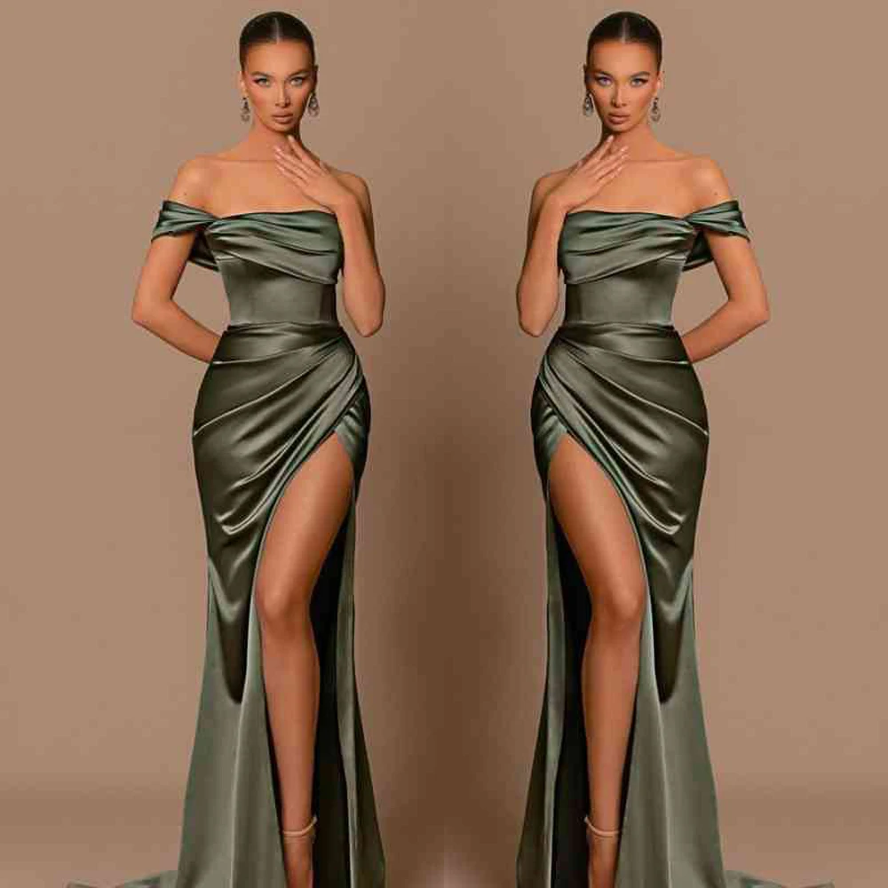 

Elegant Off The Shoulder Women Evening Dress 2023 Satin Green High Split Ruched Bust Waist Pleat Prom Formal Party Gown Vestidos