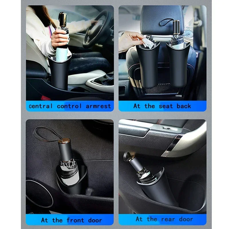 Multifunctional Car Umbrella Storage Bucket Black Plastic Holder with Hook Trash Box Universal Auto Storage Tools