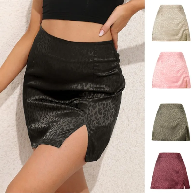 

2022 Summer Leopard High Waist Split Skirt Sexy Jacquard Satin Zipper Skirt European American Women's Wear Girl Black