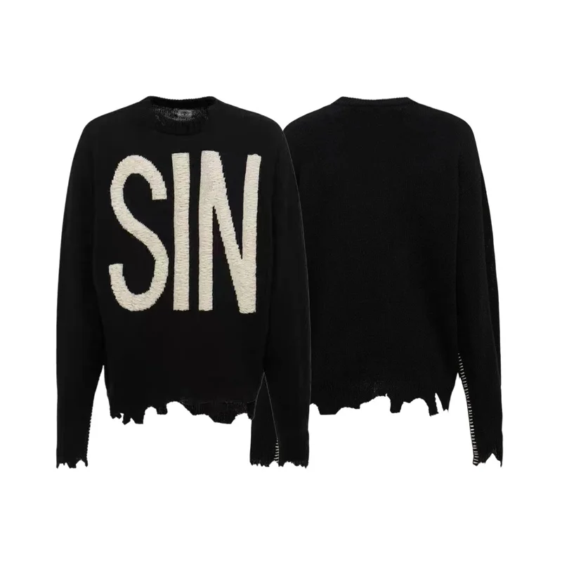 

Autumn Winter Oversized SAINT MICHAEL Knit SIN Letters Mens Womens Loose Casual Irregular Broken Hole Hundred Woolen Sweater